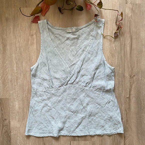 CP Shades Green V Neck Faux Wrap Linen Top Medium - Picture 2 of 8